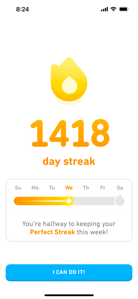 Screenshot of Duolingo 1418-day streak.